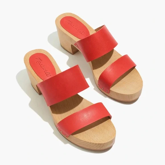 Madewell Lipstick Red Double Strap Leather Wood Clara Clog Heeled Sandal - Picture 1 of 14